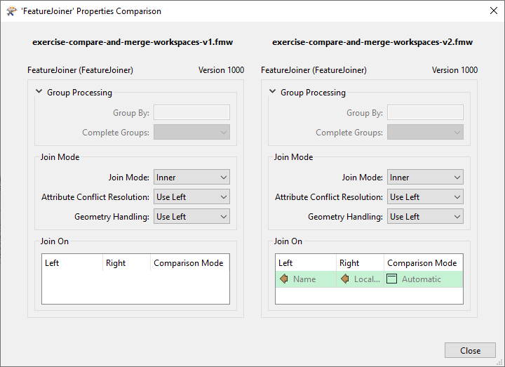 FeatureJoiner Properties Comparison dialog